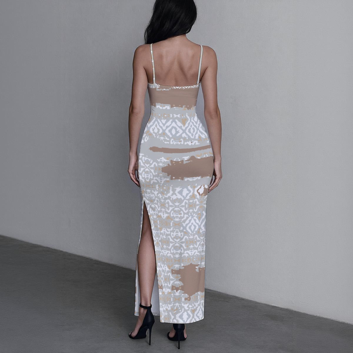 Ptahra B Women's Brown/Grey/White Long Dress with Slit