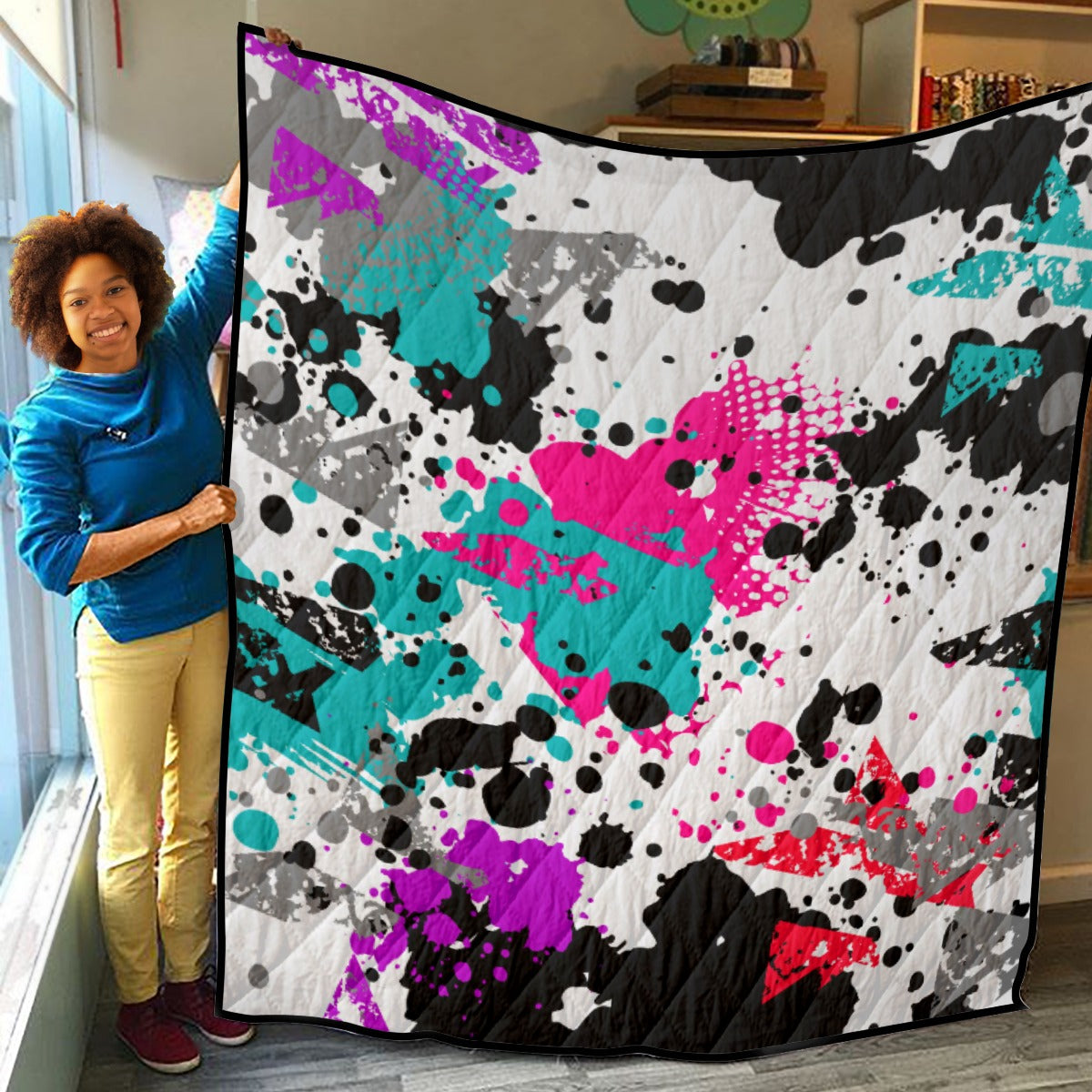 Ptahra B Art Multi-Color Paint Splat Lightweight & Breathable Quilt With Edge-Wrapping Strips