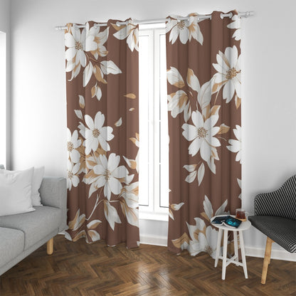 Ptahra Brown/White Floral Leaf Blackout Grommet Curtains