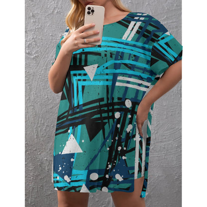 Ptahra B Women's Multi-Color/Triangle Drop-Shoulder T-Shirt with Side Split and Shorts