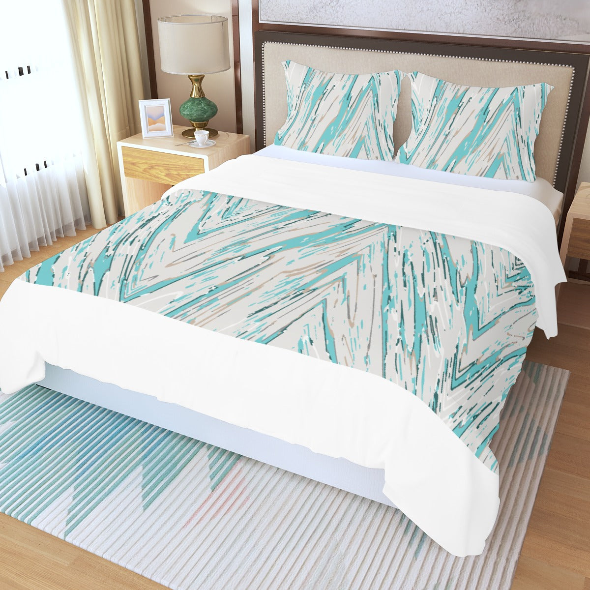 Ptahra B Turquoise Zigzag Wood Pattern Three Piece Duvet Bedding Set