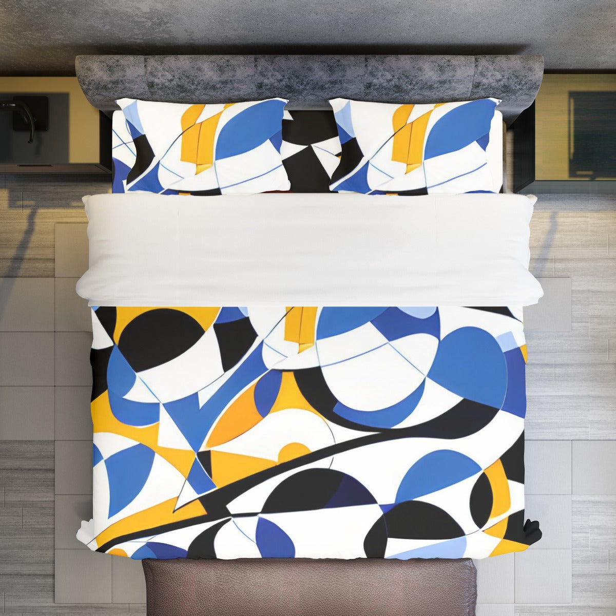 Ptahra White Blue/Black/Deep Yellow Design Four-piece Duvet Cover Set