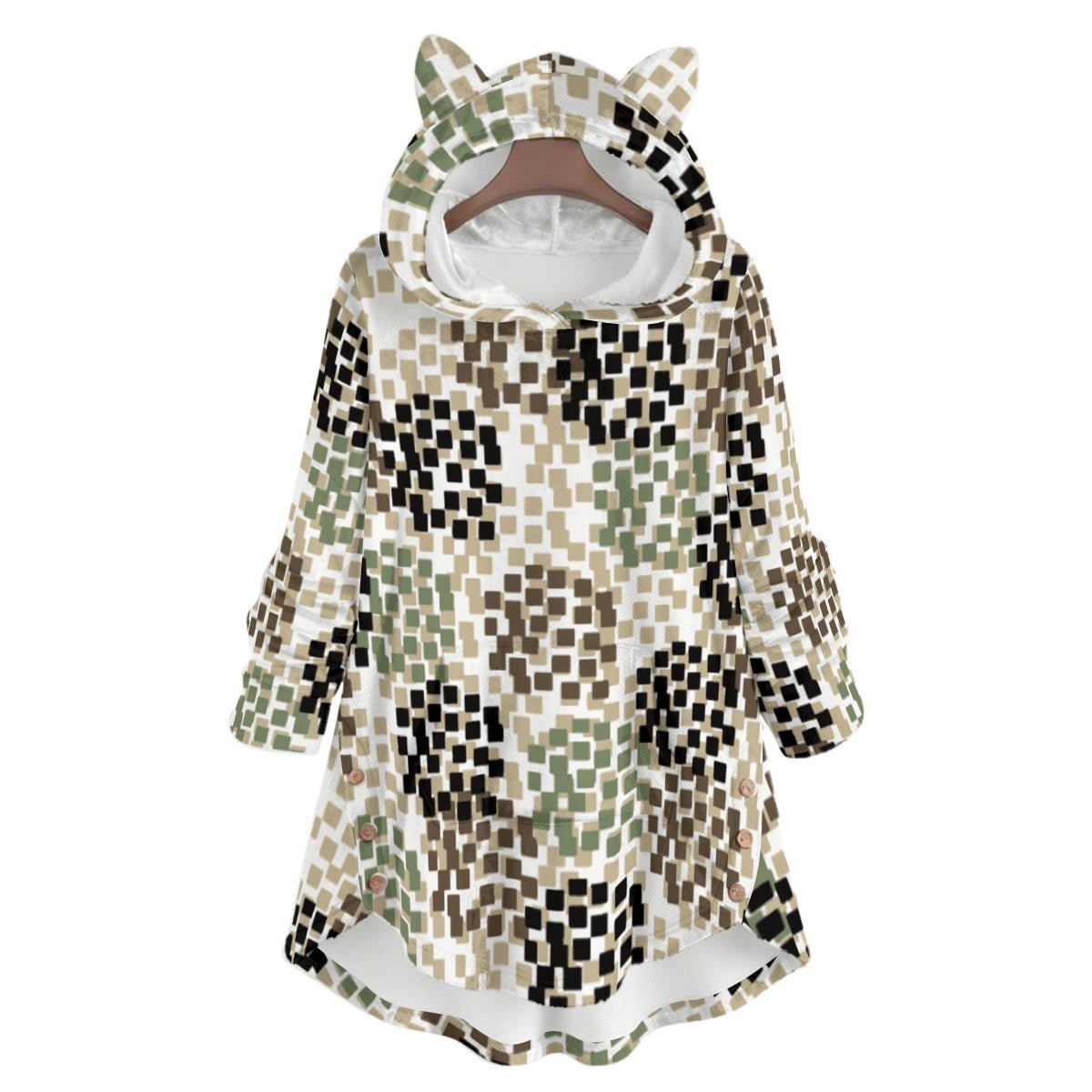 Ptahra Women's Multi-Color Squares in Circle Pattern Flannel Hoodie with Cat Ears