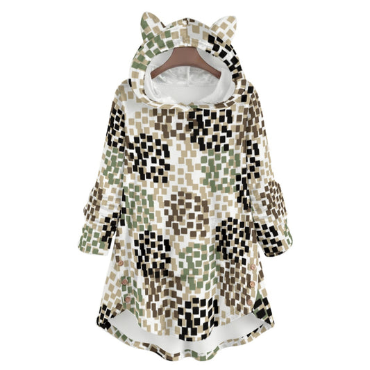 Ptahra Women's Multi-Color Squares in Circle Pattern Flannel Hoodie with Cat Ears