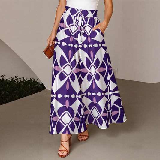 Ptahra  Women's Purple/White Pattern Ruffled Wide-Leg Pants