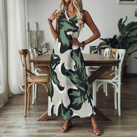 Ptahra Women's Green Leaf Floral Pattern V-Neck Long Dress