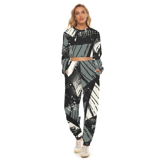 Ptahra B Women's Black/Grey/White Graphic/ Sporty Crop Sweatshirt Suit
