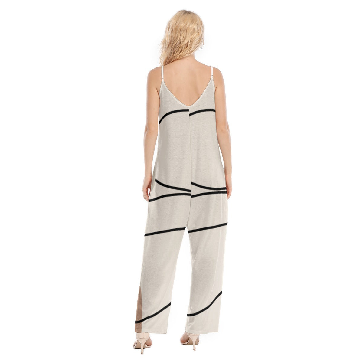 Ptahra Women's Beige/Black Circular Line Pattern Loose Cami Jumpsuit