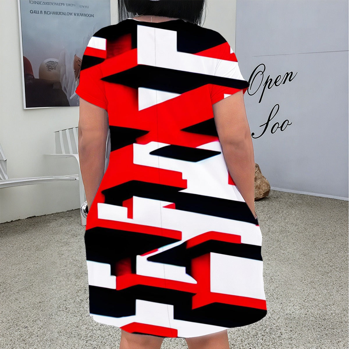 Ptahra B Women's Red/Black/White Visual V Neck Short Sleeve Dress/Plus Size