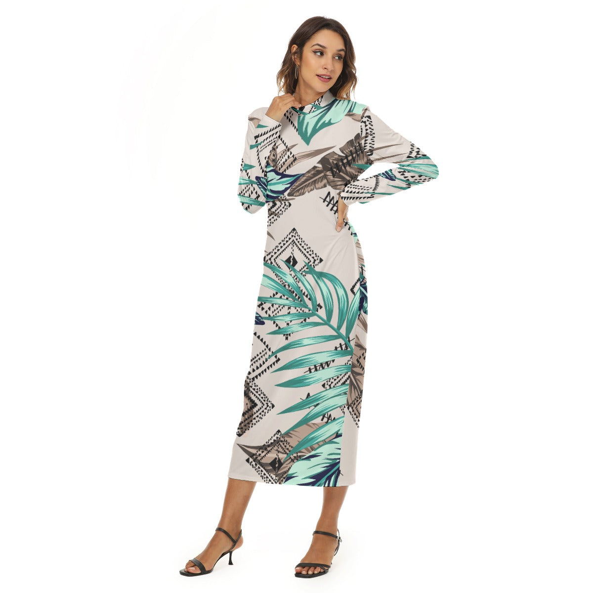 Ptahra B Light Beige/Green Leaf/Diamond Pattern Women's Hip Dress