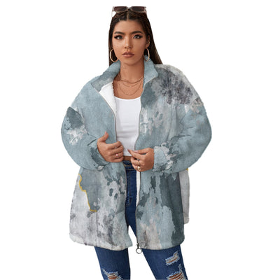 Ptahra B Multi-Grey Design Borg Fleece Stand-up Collar Coat With Zipper Closure (Plus Size)
