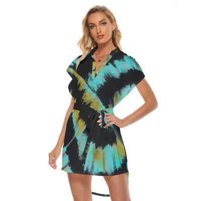 Ptahra B Women's Black/Turquoise with Mustard Yellow Stand-up Collar Casual Dress with Belt