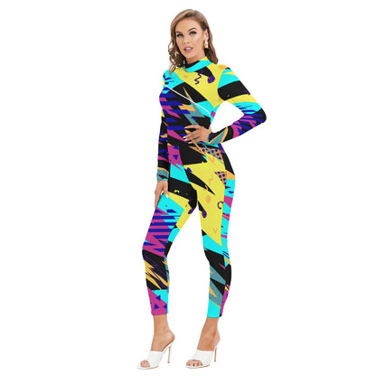 Ptahra B Women's Bright Retro Style Long-sleeved High-neck Jumpsuit with Zipper