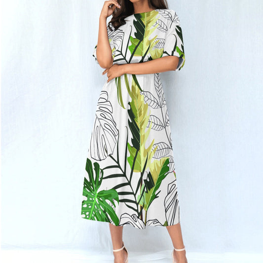 Ptahra B Women's Green Leaf Pattern on White Elastic Waist Dress