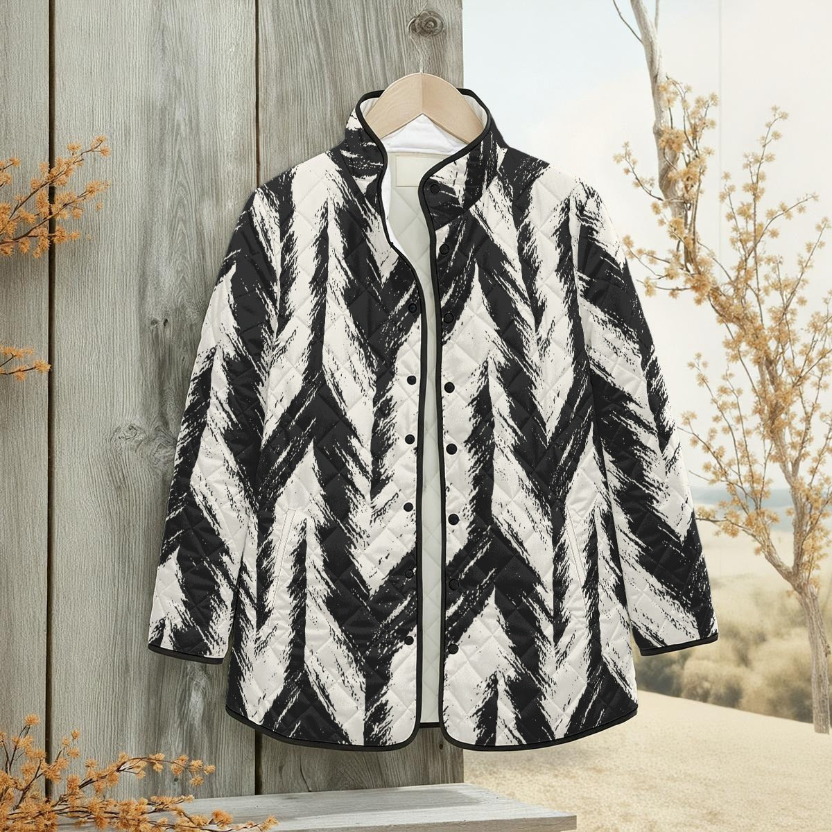 Ptahra Women's White/Black Feather Pattern Quilted Jacket with Side Slits