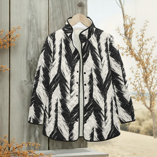 Ptahra Women's White/Black Feather Pattern Quilted Jacket with Side Slits