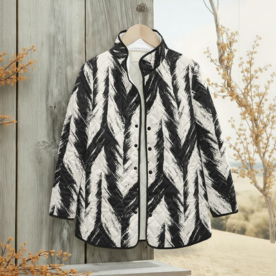 Ptahra Women's White/Black Feather Pattern Quilted Jacket with Side Slits