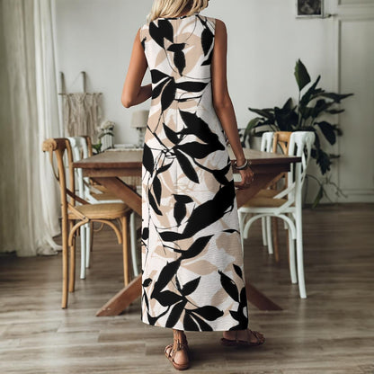 Ptahra Women's Black/Light Beige Floral V-Neck Long Dress