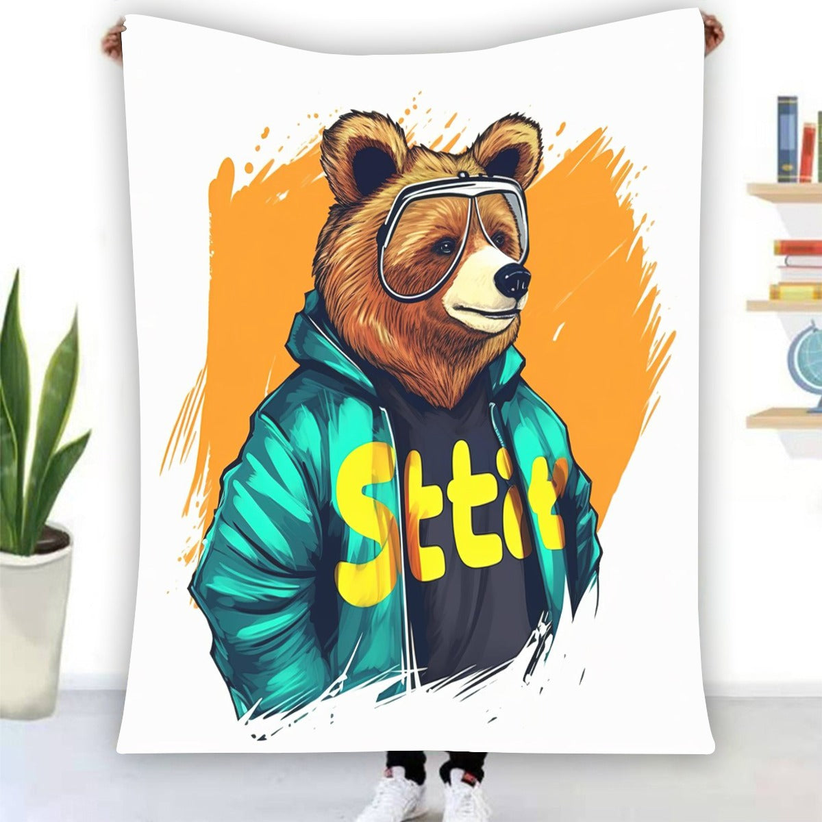 Ptahra White Cool Bear Single-Side Flannel Blanket