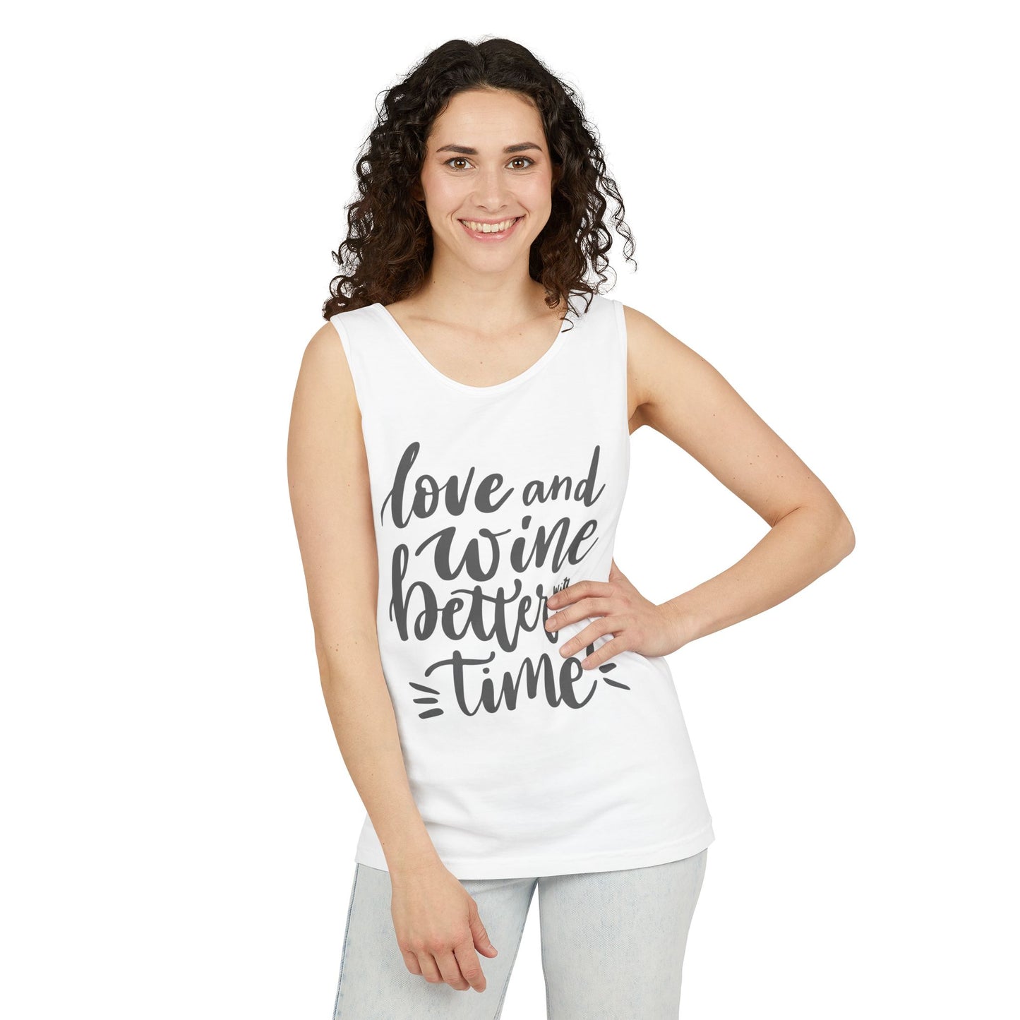 Ptahra B Love and Wine Tank Top, Unisex Garment-Dyed Tee, Summer Fashion Shirt, Perfect Gift for Wine Lovers, Relaxed Fit for Casual Wear