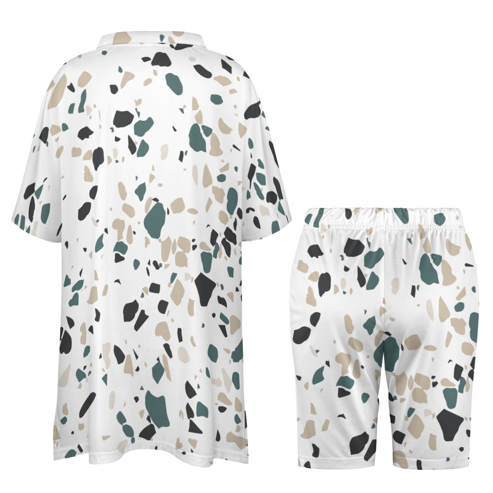 Women's Multi-Color Stone Pattern V-Neck Bat Sleeve Two Piece Set