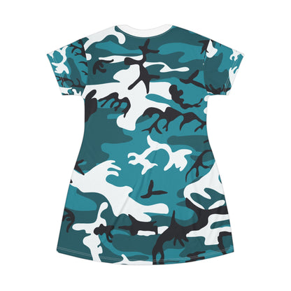 Ptahra B Stylish Turquoise Camo T-Shirt Dress