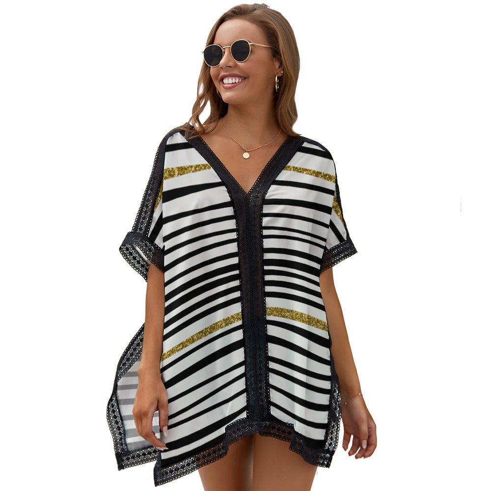 Ptahra B Black/Gold Line Pattern Loose Short Sleeve Beach Swim Cover