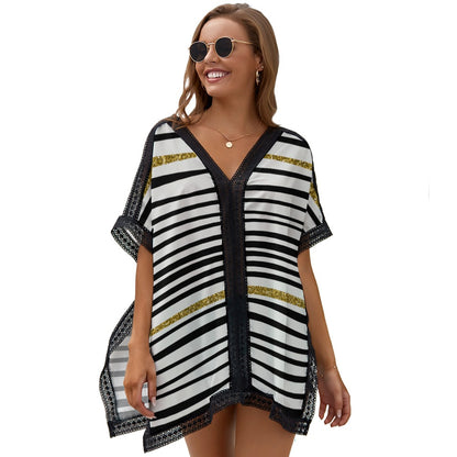 Ptahra B Black/Gold Line Pattern Loose Short Sleeve Beach Swim Cover