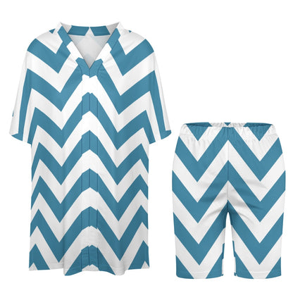 Women's White/Blue Zigzag V-Neck Bat Sleeve Two Piece Set