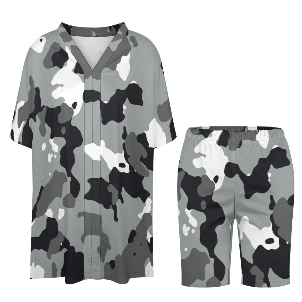 Women's Grey/White Camo V-Neck Bat Sleeve Two Piece Set