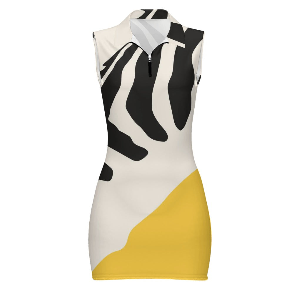 Women's Zebra/Yellow Short Sleeve Dress with Short Zipper