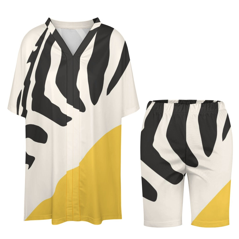 Women's Zebra Pattern/Yellow Stripe V-Neck Bat Sleeve Two Piece Set