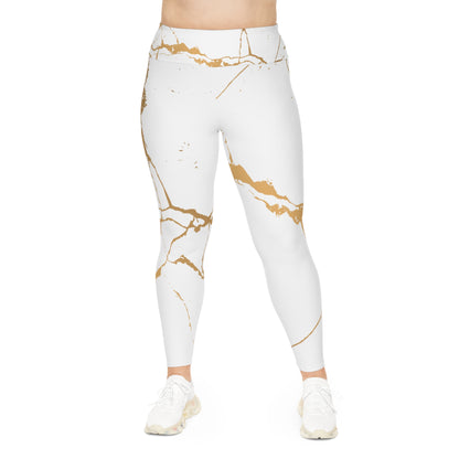 Ptahra B White Marble Print Stylish Plus Size Leggings