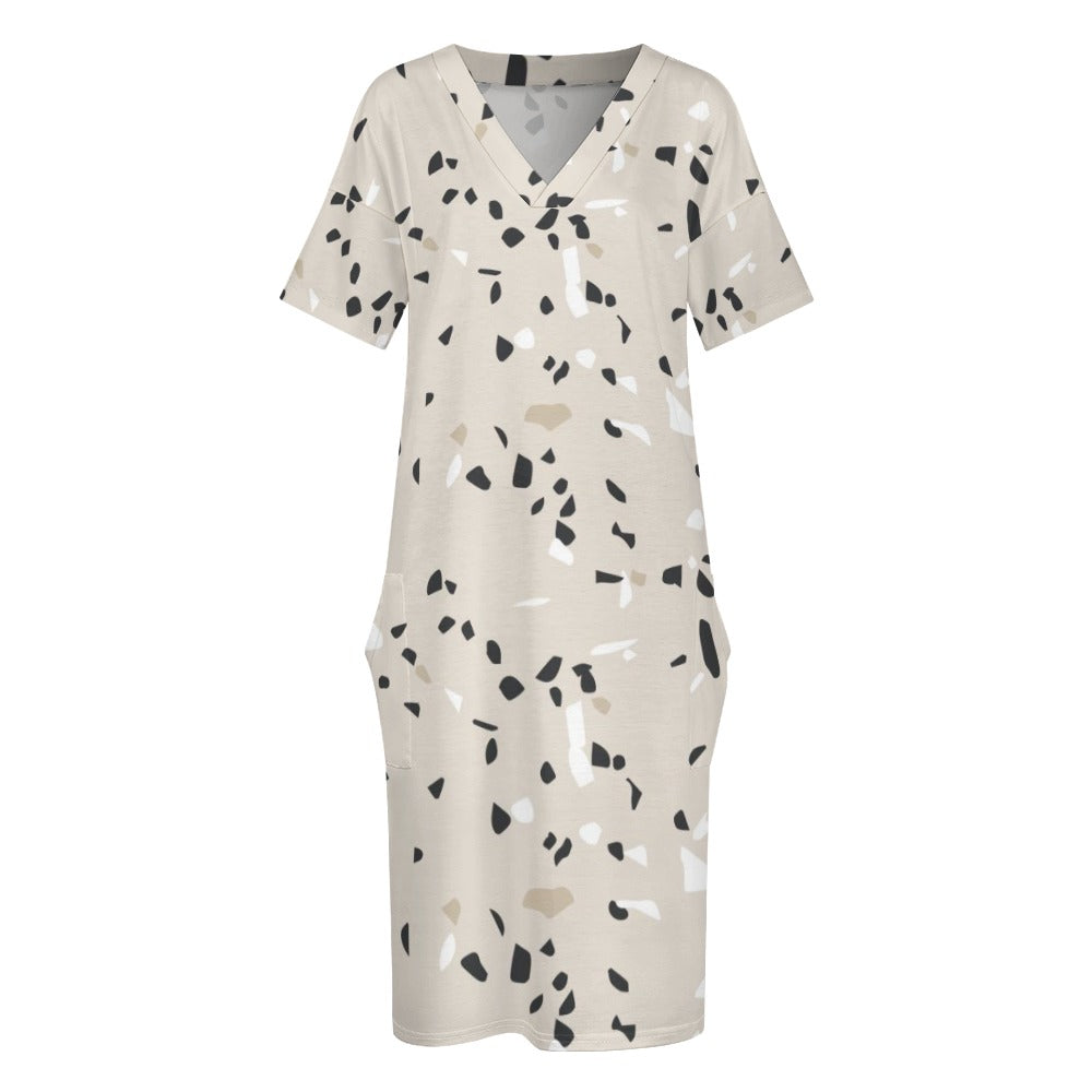 Women's Beige Stone Pattern Loose Pocket Dress