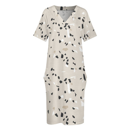 Women's Beige Stone Pattern Loose Pocket Dress