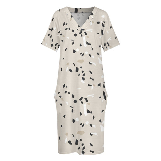 Women's Beige Stone Pattern Loose Pocket Dress