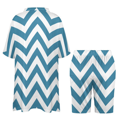 Women's White/Blue Zigzag V-Neck Bat Sleeve Two Piece Set