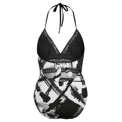 Ptahra B White/Black Graphic Pattern Plus size bikini swimsuit