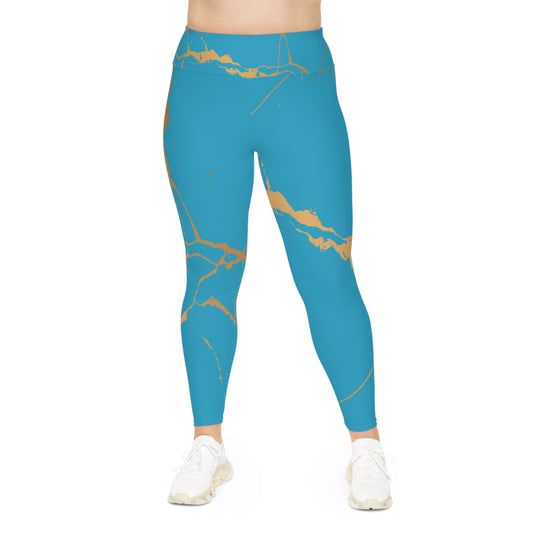 Ptahra B Turquoise/Blue Marble Print Stylish Plus Size Leggings