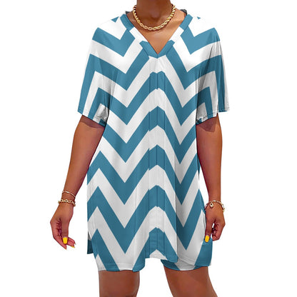 Women's White/Blue Zigzag V-Neck Bat Sleeve Two Piece Set