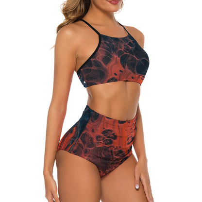 Ptahra B Black/Orangi Red Design Cute Suspender Two Piece Bikini Swimsuit