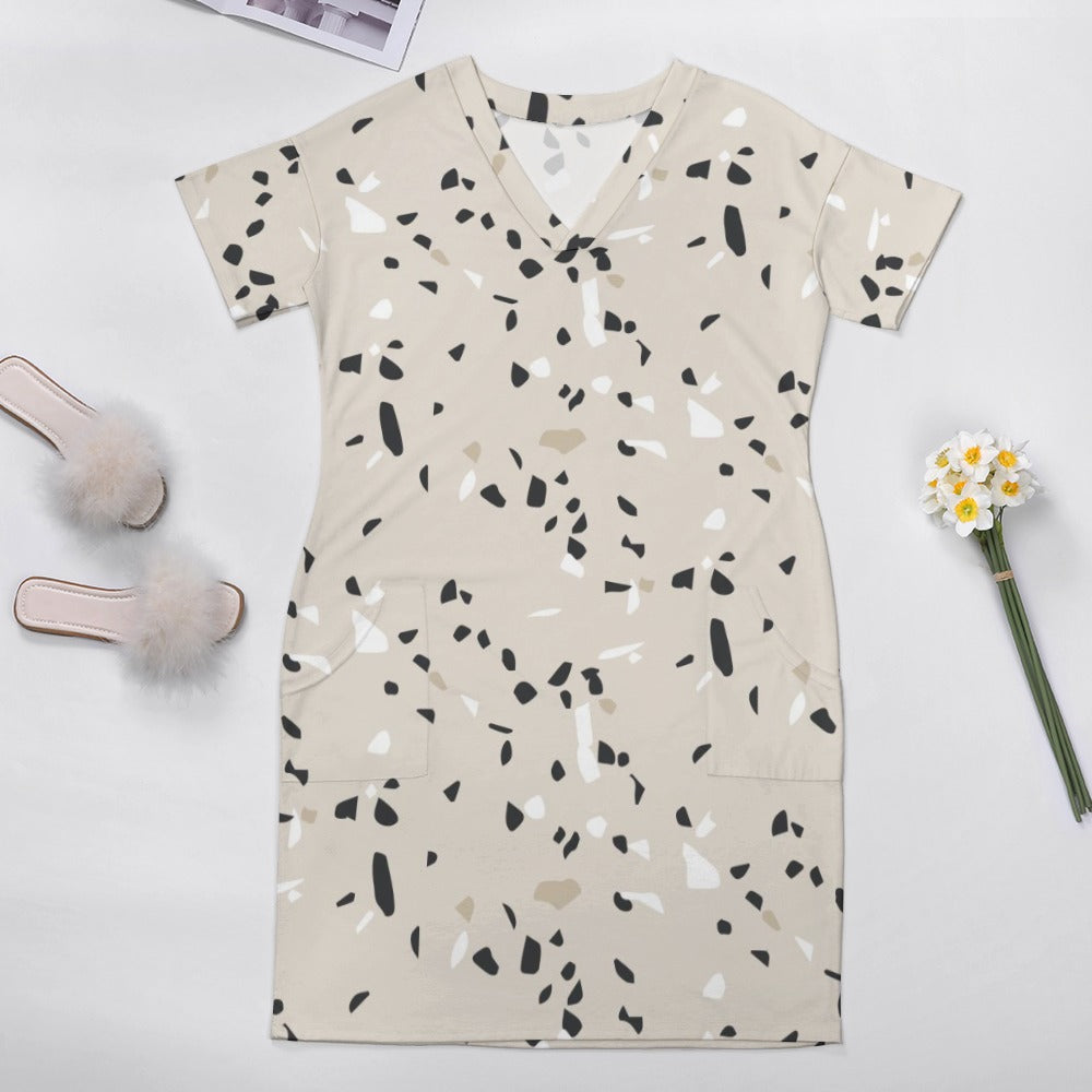 Women's Beige Stone Pattern Loose Pocket Dress