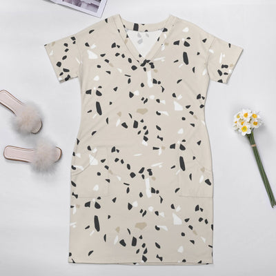 Women's Beige Stone Pattern Loose Pocket Dress