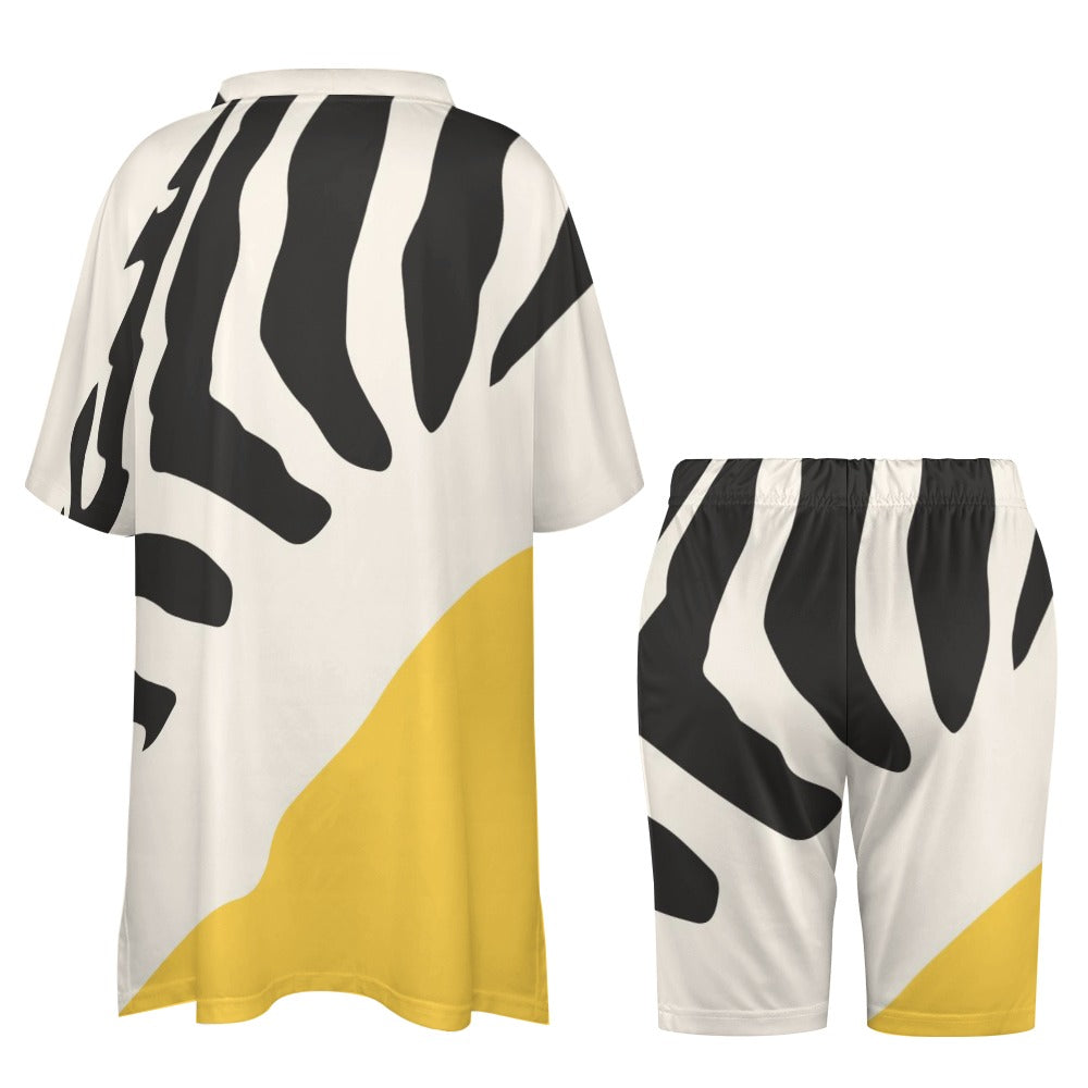 Women's Zebra Pattern/Yellow Stripe V-Neck Bat Sleeve Two Piece Set