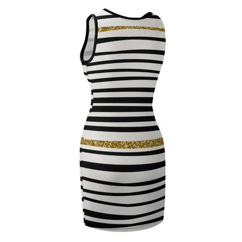 Women's White/Black Line Pattern Temperament Slim Fit Sleeveless Tank Dress