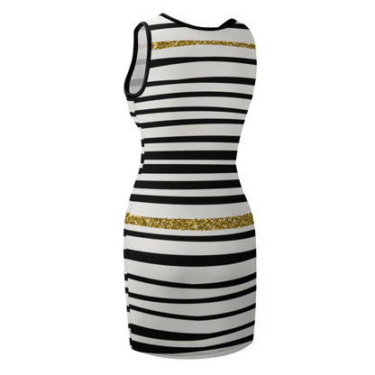 Women's White/Black Line Pattern Temperament Slim Fit Sleeveless Tank Dress