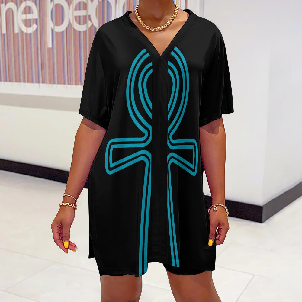 Black /Ankh V-neck Bat Sleeve Two Piece Set