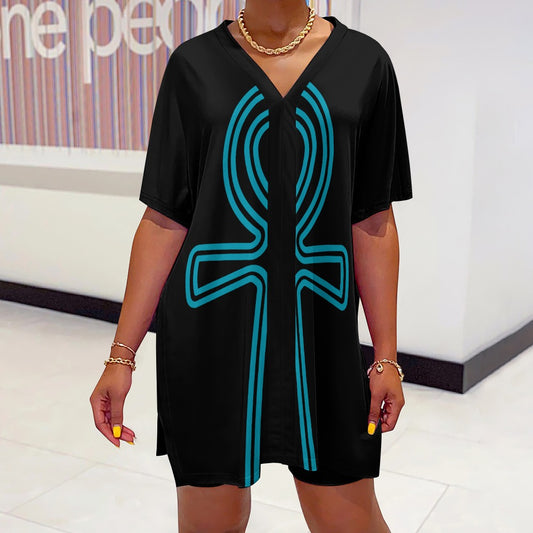 Black /Ankh V-neck Bat Sleeve Two Piece Set