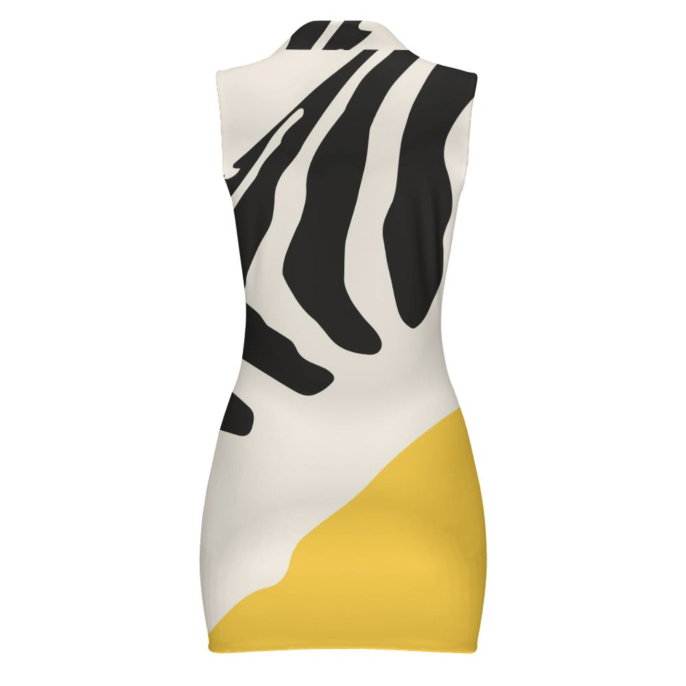 Women's Zebra/Yellow Short Sleeve Dress with Short Zipper