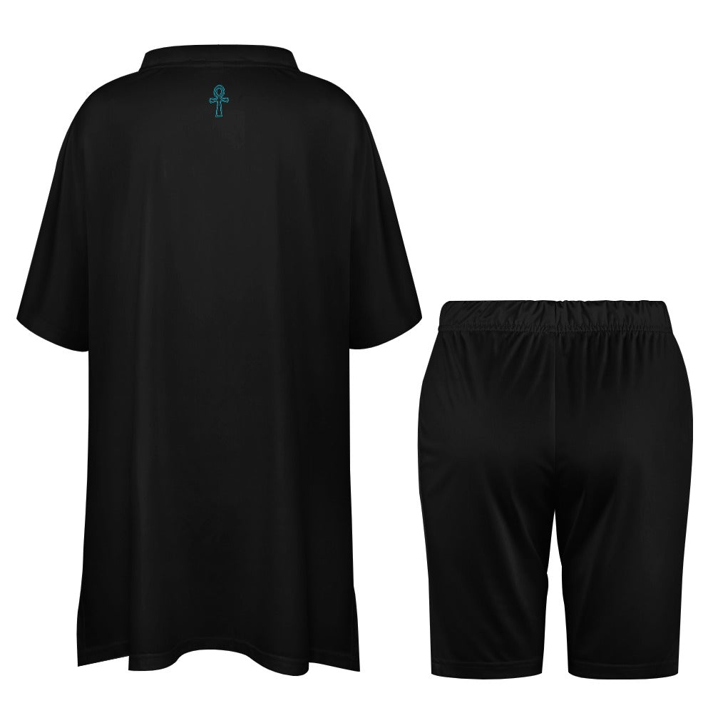 Black /Ankh V-neck Bat Sleeve Two Piece Set